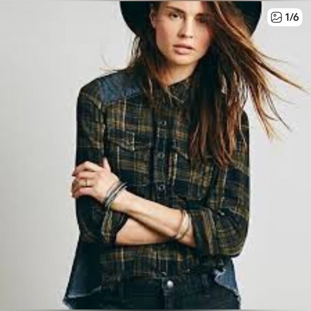 Free People Road Trip Getaway Brown and Denim Back Flannel women’s Large